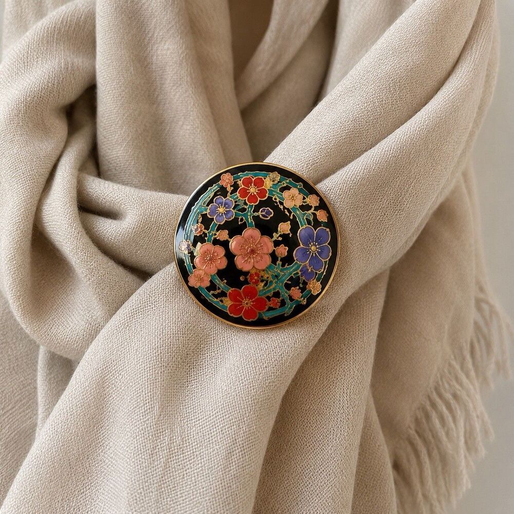 Vintage MFA Cloisonné Floral Brooch Pin Black Enamel Gold Tone Taiwan Round